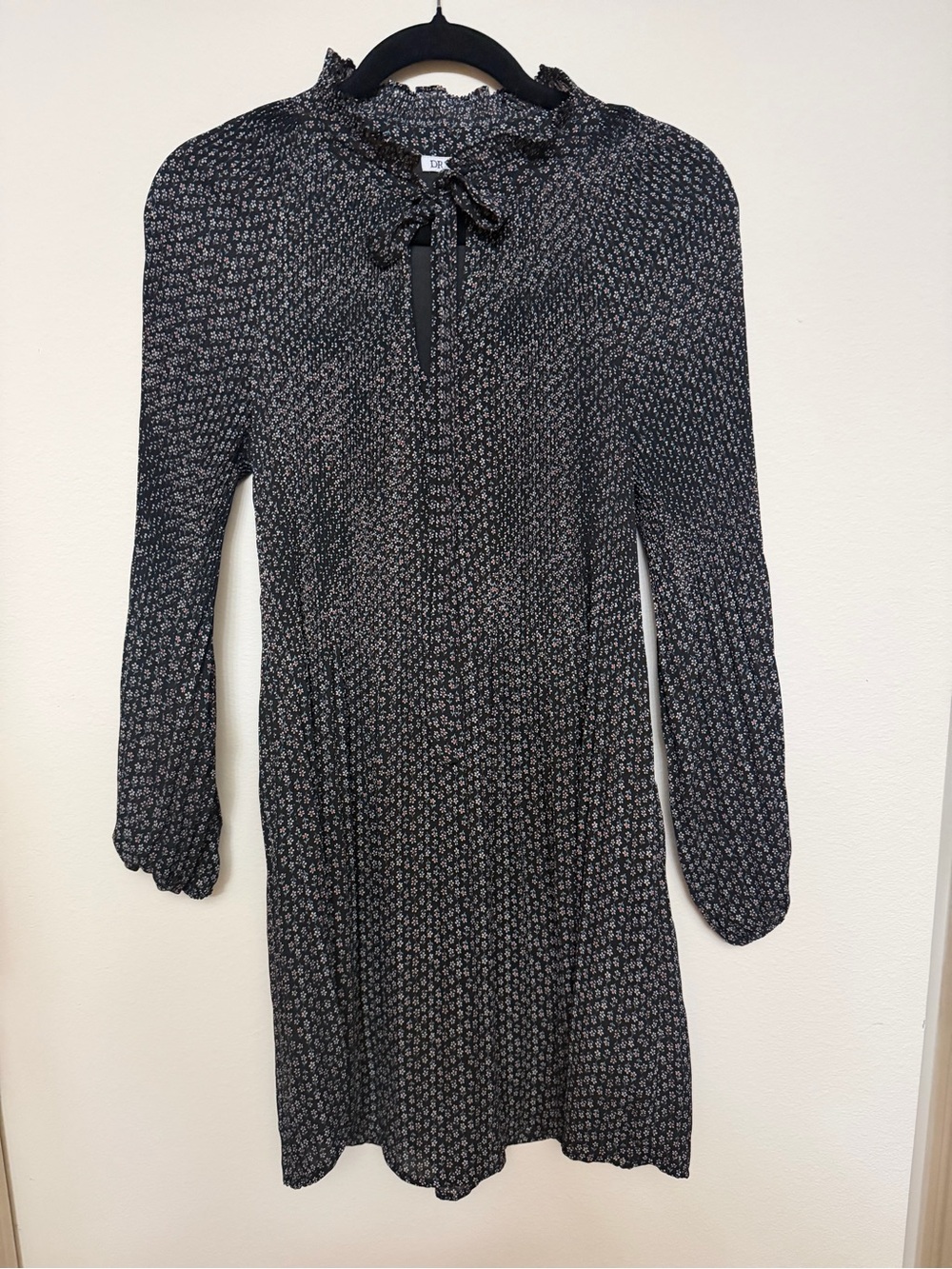 DR2 Black Floral Long-Sleeve Ruffle Tie Neck Dress